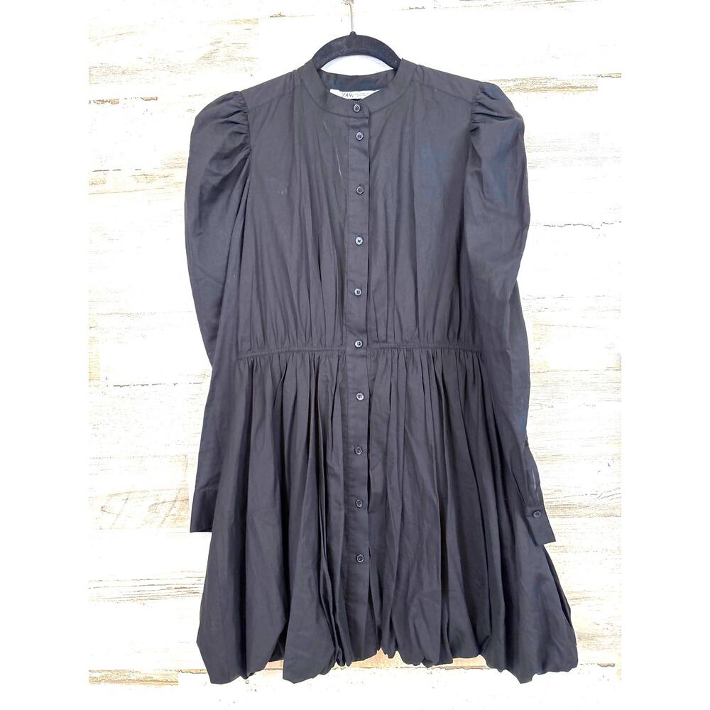 Zara Womens M Black Bubble Shirt Mini Dress Cotton Blend Long Sleeve Trendy
